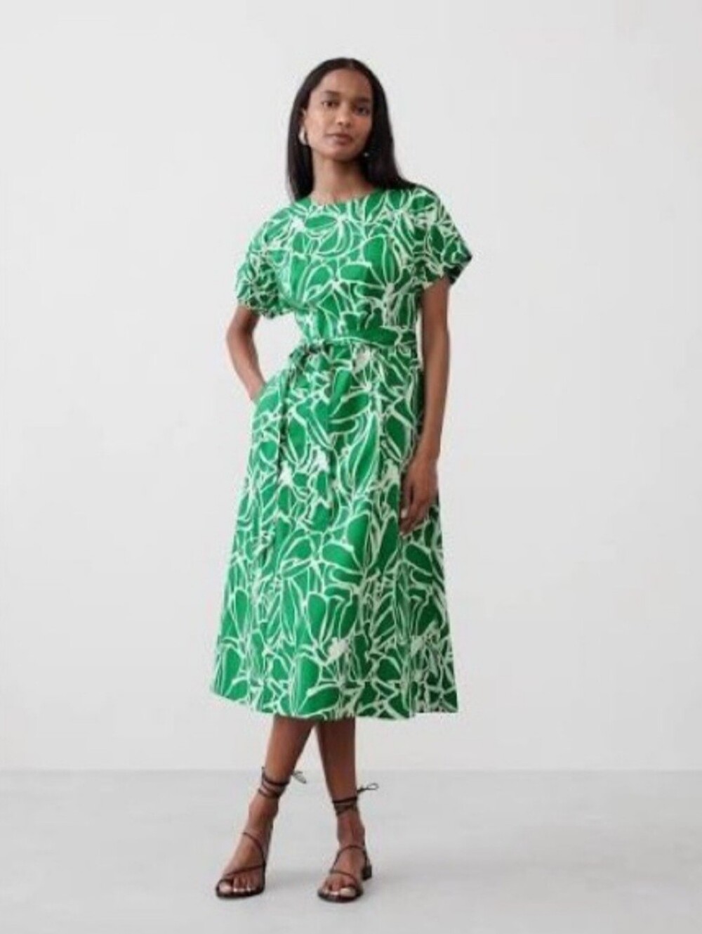 Banana Republic Factory Green Floral Poplin Tie Waist Dress